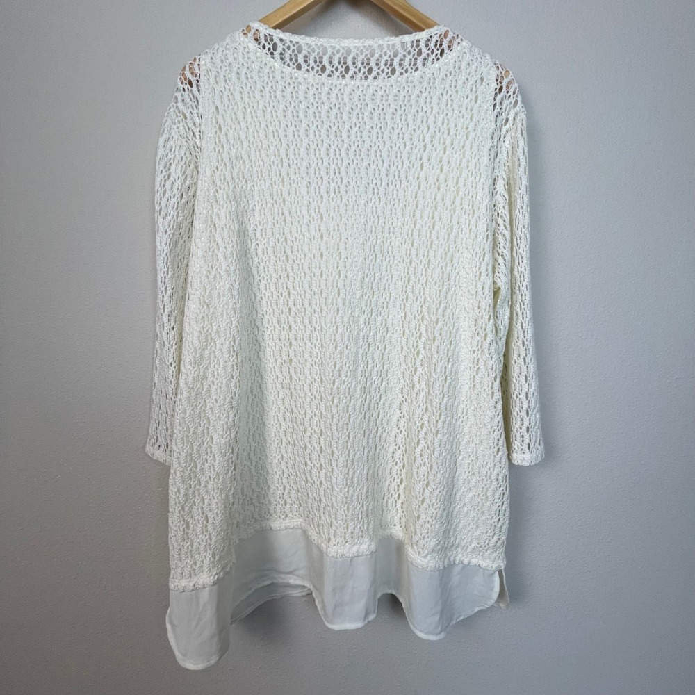 Reba Woman Crochet Tunic Top Cream‎ White Lace Up V Neck 3/4 Sleeve Plus Size 2X - Picture 6 of 9